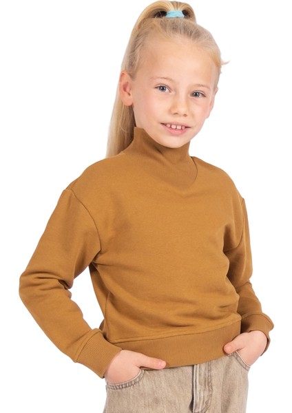 Organik Boğazlı Yaka Açık Kahve Kışlık Kız Çocuk Sweatshirt