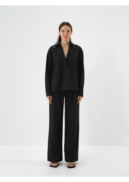 Kadın Siyah Esnek Dokulu Oversize Pantolon