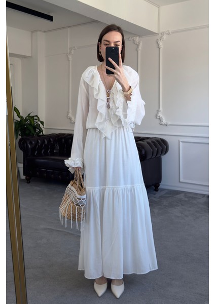 Fırfırlı Özel Tasarım Elbise- Beyaz