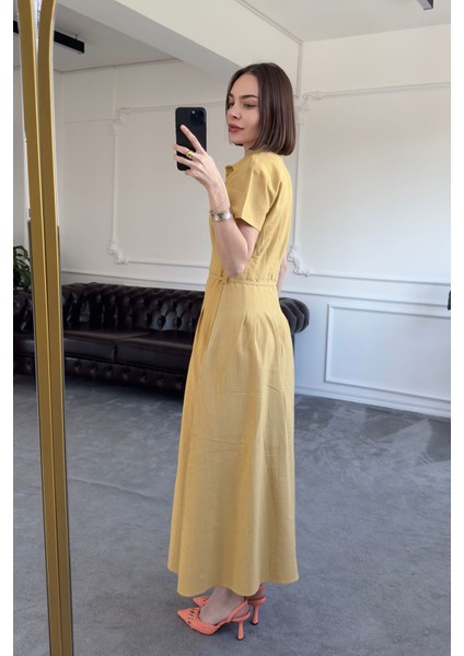 Beli Pileli Magarde Özel Seri Keten Elbise- Sarı