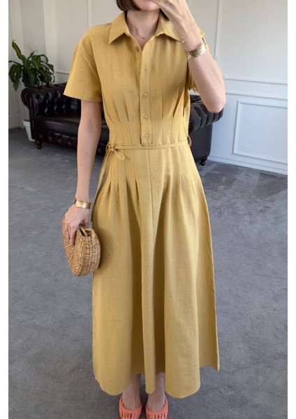 Beli Pileli Magarde Özel Seri Keten Elbise- Sarı