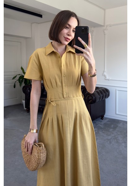 Beli Pileli Magarde Özel Seri Keten Elbise- Sarı