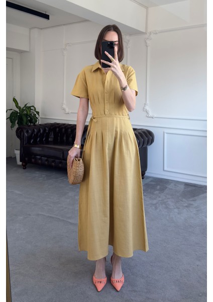 Beli Pileli Magarde Özel Seri Keten Elbise- Sarı