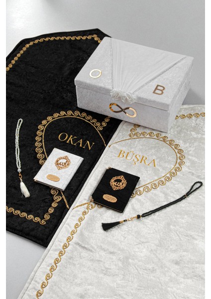 Çeyizlik Kişiye Özel Isimli Kalpli Seccade Seti - Sandıklı Hediyelik Eşli Çift Seccadesi - Gold