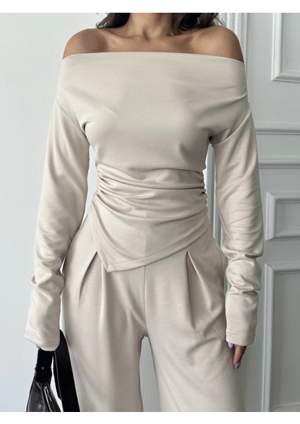 Bej Omuz Detaylı Büzgülü Modal Takım fiyatları