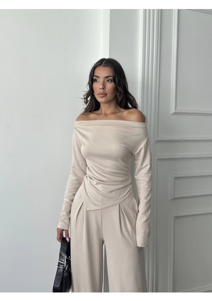 Bej Omuz Detaylı Büzgülü Modal Takım modelleri