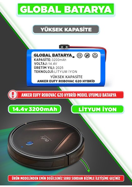 Anker Eufy Robovac G20 Hybrid Akıllı Robot Süpürge Bataryası 14.4v 3200mAh Li-ion Pil (Yüksek Kapasite)