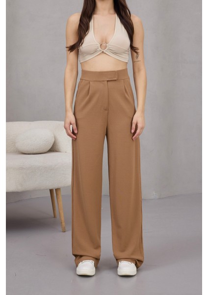 Kadın Likralı Cırt Kapama Geniş Paça Palazzo Pantolon