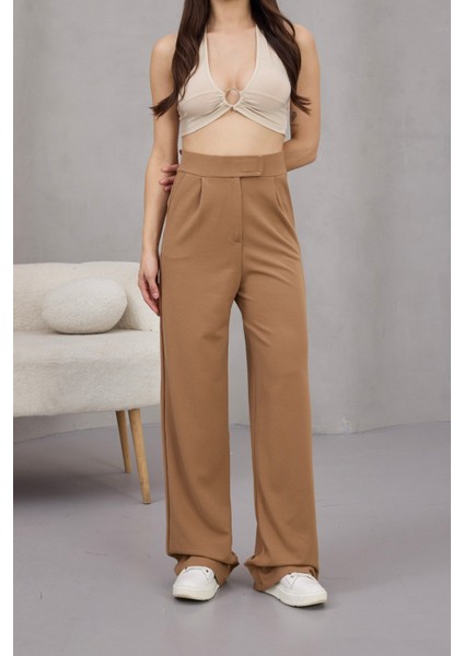 Kadın Likralı Cırt Kapama Geniş Paça Palazzo Pantolon