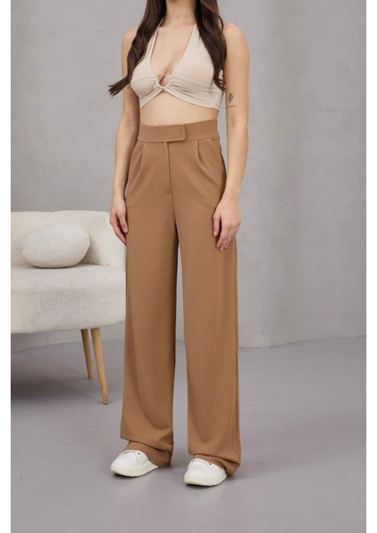 Kadın Likralı Cırt Kapama Geniş Paça Palazzo Pantolon