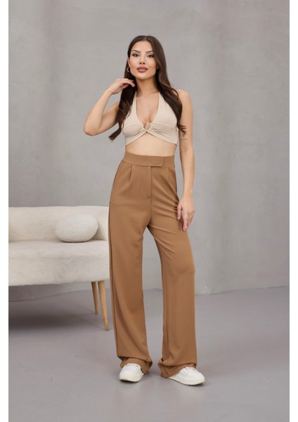 Kadın Likralı Cırt Kapama Geniş Paça Palazzo Pantolon