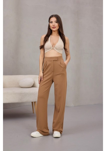 Kadın Likralı Cırt Kapama Geniş Paça Palazzo Pantolon