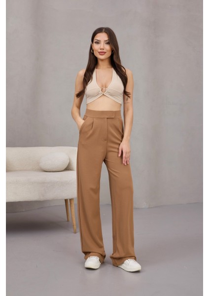Kadın Likralı Cırt Kapama Geniş Paça Palazzo Pantolon