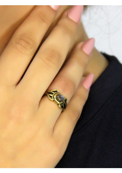 Doğal Taş Labradorit Doğal Taşlı Antik Model Kadın Ayarlanabillir Yüzük EUY79LBT