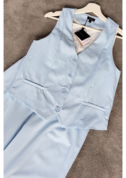 Yelekli Premium Orj Keten Takım- Bebe Mavisi