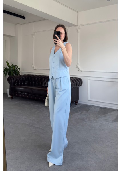 Yelekli Premium Orj Keten Takım- Bebe Mavisi