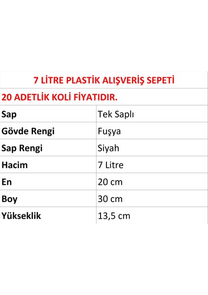 Plastik Kozmetik Alışveriş El Sepeti 7 Litre Fuşya 20 Adet fiyatları