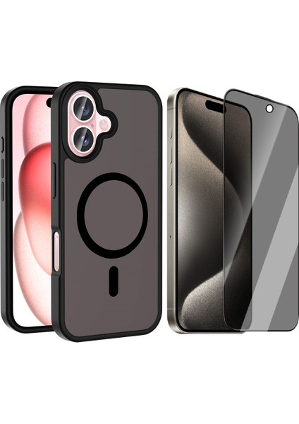 Apple iPhone 16 Plus Kılıf M-safe Şarj Özellikli Mat Arka Yüzey Vendas Sio Kapak + Hayalet Cam Ekran Koruyucu