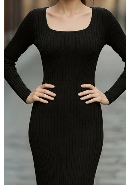 Kadın Uzun Kollu Kare Yakalı Midi Şardonlu Kaşkorse Elbise fiyatları