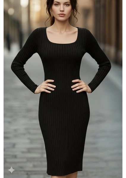 Kadın Uzun Kollu Kare Yakalı Midi Şardonlu Kaşkorse Elbise modelleri