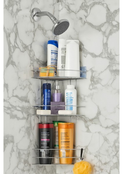 Krom 3 Katlı Lif Askılıklı Banyo Köşeliği Şampuanlık Köşelik Banyo Rafı