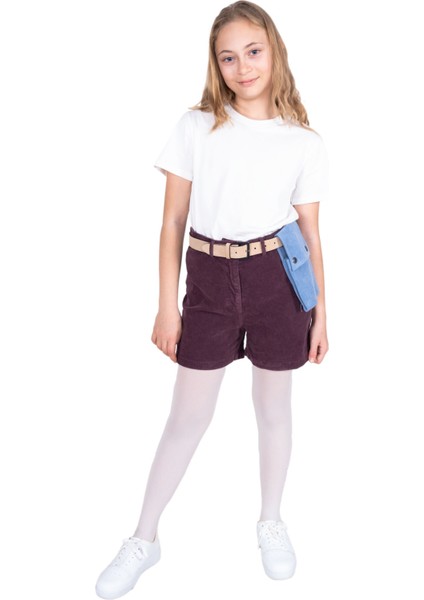 Fitillli Kadife Cep Detaylı Mor Kışlık Kız Çocuk Şort