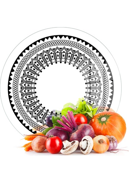 Cam Kesme Tahtası ve Sunumluk Yuvarlak Siyah Beyaz Çini Desenli 30X30 cm