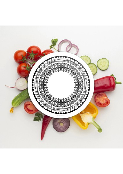 Cam Kesme Tahtası ve Sunumluk Yuvarlak Siyah Beyaz Çini Desenli 30X30 cm modelleri