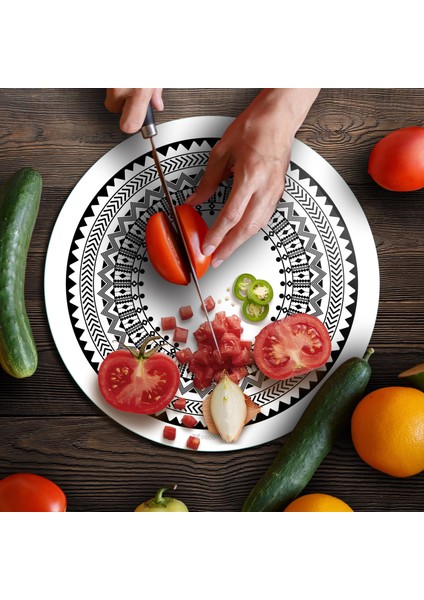 Cam Kesme Tahtası ve Sunumluk Yuvarlak Siyah Beyaz Çini Desenli 30X30 cm fırsatları