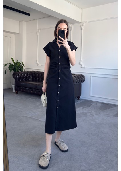 Belden Pileli V Yaka Elbise- Siyah