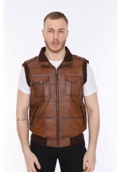 Hakiki Deri Taba Lastikli Erkek Yelek