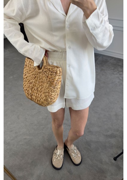 Gömlekli Orj Keten Takım- Beyaz