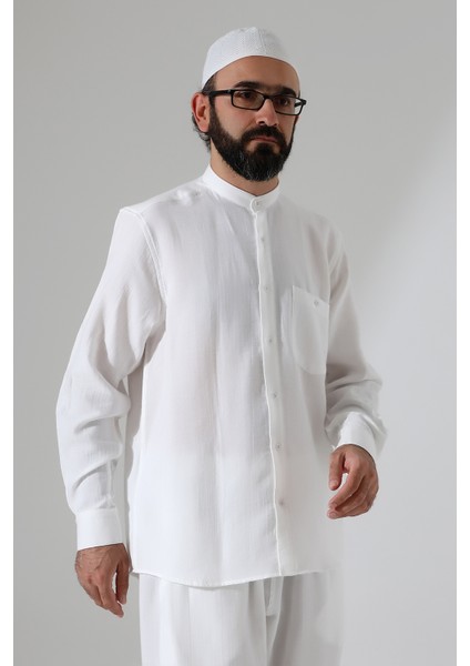 Erkek Müslin Hakim Yaka Uzun Kollu Düğmeli Gömlek, Hac Umre Kıyafeti - Beyaz (Ans)