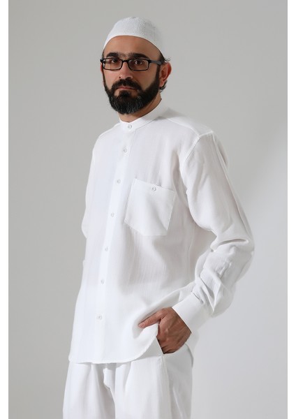 Erkek Müslin Hakim Yaka Uzun Kollu Düğmeli Gömlek, Hac Umre Kıyafeti - Beyaz (Ans) fiyatları