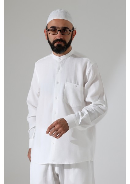 Erkek Müslin Hakim Yaka Uzun Kollu Düğmeli Gömlek, Hac Umre Kıyafeti - Beyaz (Ans) modelleri