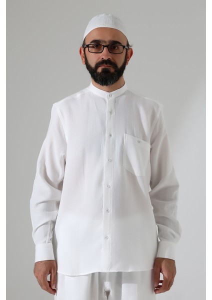 Erkek Müslin Hakim Yaka Uzun Kollu Düğmeli Gömlek, Hac Umre Kıyafeti - Beyaz (Ans) fırsatları