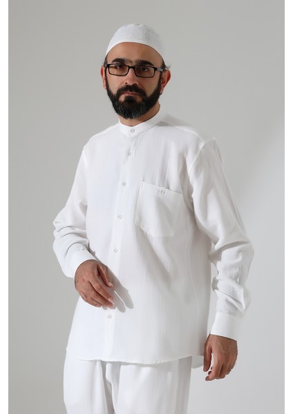 Erkek Müslin Hakim Yaka Uzun Kollu Düğmeli Gömlek, Hac Umre Kıyafeti - Beyaz (Ans) indirimleri