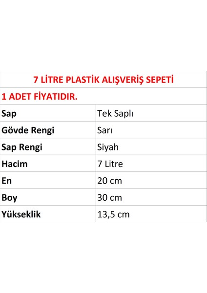 Plastik Kozmetik Alışveriş El Sepeti 7 Litre Sarı 1 Adet fiyatları
