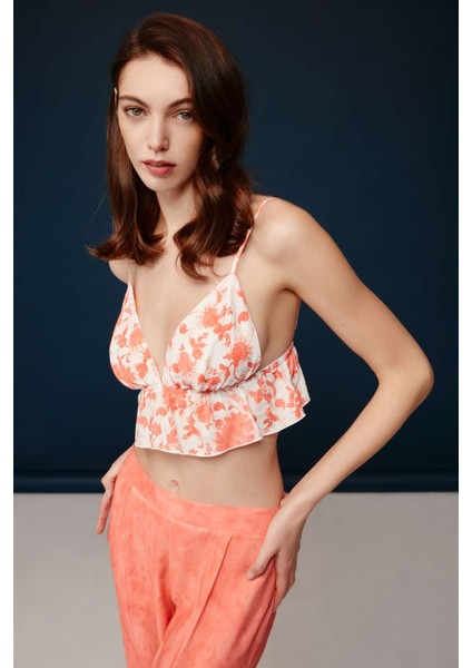 Kadın Somon Şık Desenli Viskon 3'lü Sabahlık Bralet ve Pantolon Takım 30007 fiyatları