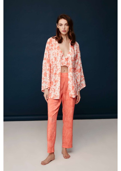 Kadın Somon Şık Desenli Viskon 3'lü Sabahlık Bralet ve Pantolon Takım 30007 modelleri