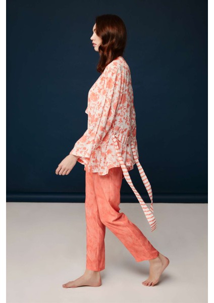 Kadın Somon Şık Desenli Viskon 3'lü Sabahlık Bralet ve Pantolon Takım 30007