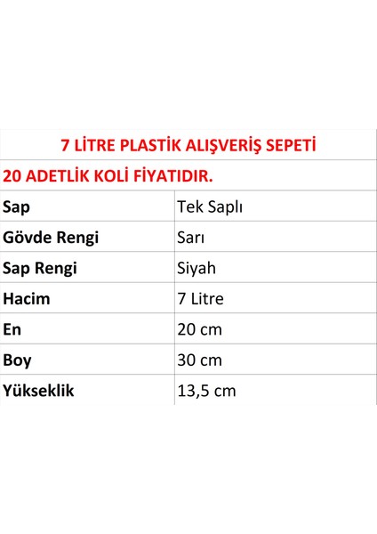 Plastik Kozmetik Alışveriş El Sepeti 7 Litre Sarı 20 Adet fiyatları