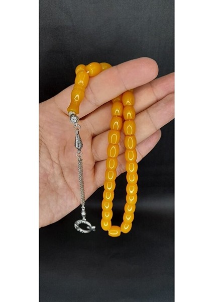 Sevgiliye Özel Hediye Çubuk Kehribar Tesbih Sarı Renkli Fıçı Kesim H-1407.