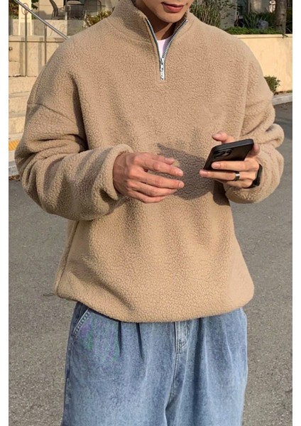Erkek Ultra Isı Peluş Sherpa Oversize Yarım Metal Fermuar Lastik Ayarlı Polar Sweatshirt