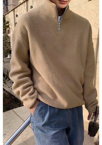 Erkek Ultra Isı Peluş Sherpa Oversize Yarım Metal Fermuar Lastik Ayarlı Polar Sweatshirt modelleri