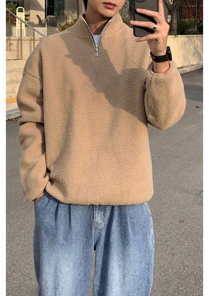 Erkek Ultra Isı Peluş Sherpa Oversize Yarım Metal Fermuar Lastik Ayarlı Polar Sweatshirt fırsatları