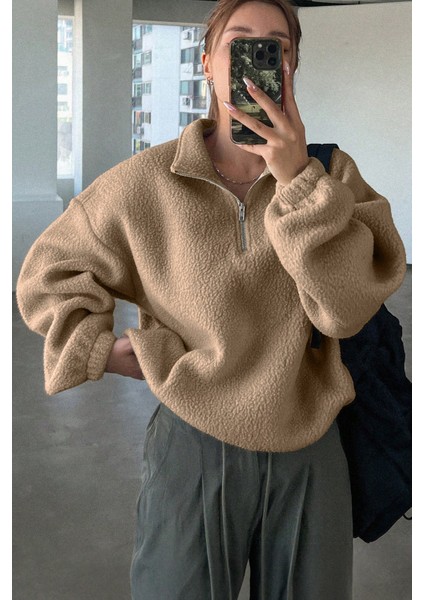 Kadın Ultra Isı Peluş Sherpa Oversize Yarım Metal Fermuar Lastik Ayarlı Polar Sweatshirt