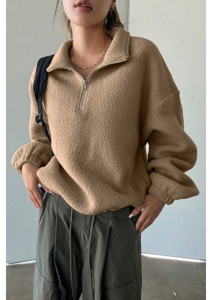 Kadın Ultra Isı Peluş Sherpa Oversize Yarım Metal Fermuar Lastik Ayarlı Polar Sweatshirt fiyatları