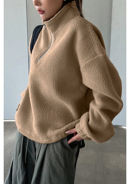 Kadın Ultra Isı Peluş Sherpa Oversize Yarım Metal Fermuar Lastik Ayarlı Polar Sweatshirt modelleri