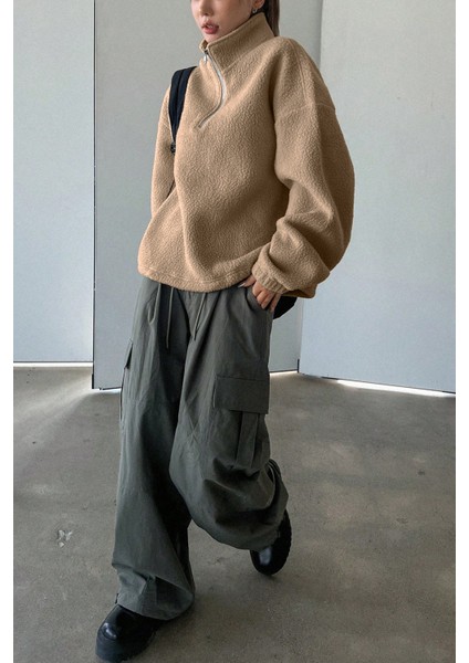 Kadın Ultra Isı Peluş Sherpa Oversize Yarım Metal Fermuar Lastik Ayarlı Polar Sweatshirt fırsatları